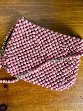 Vintage Magid Beaded Handbag Pink Wooden Bead Purse 70s 80s Boho Clutch Japan